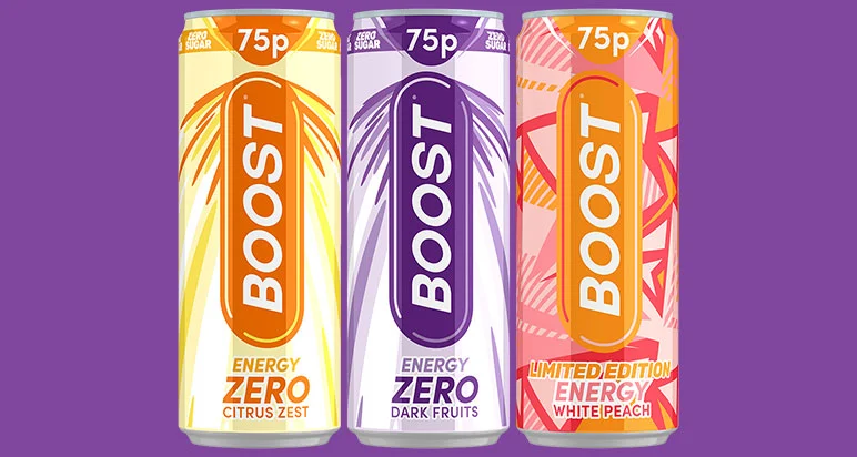 BOOST ENERGY WHITE PEACH CANS PMP £0.75